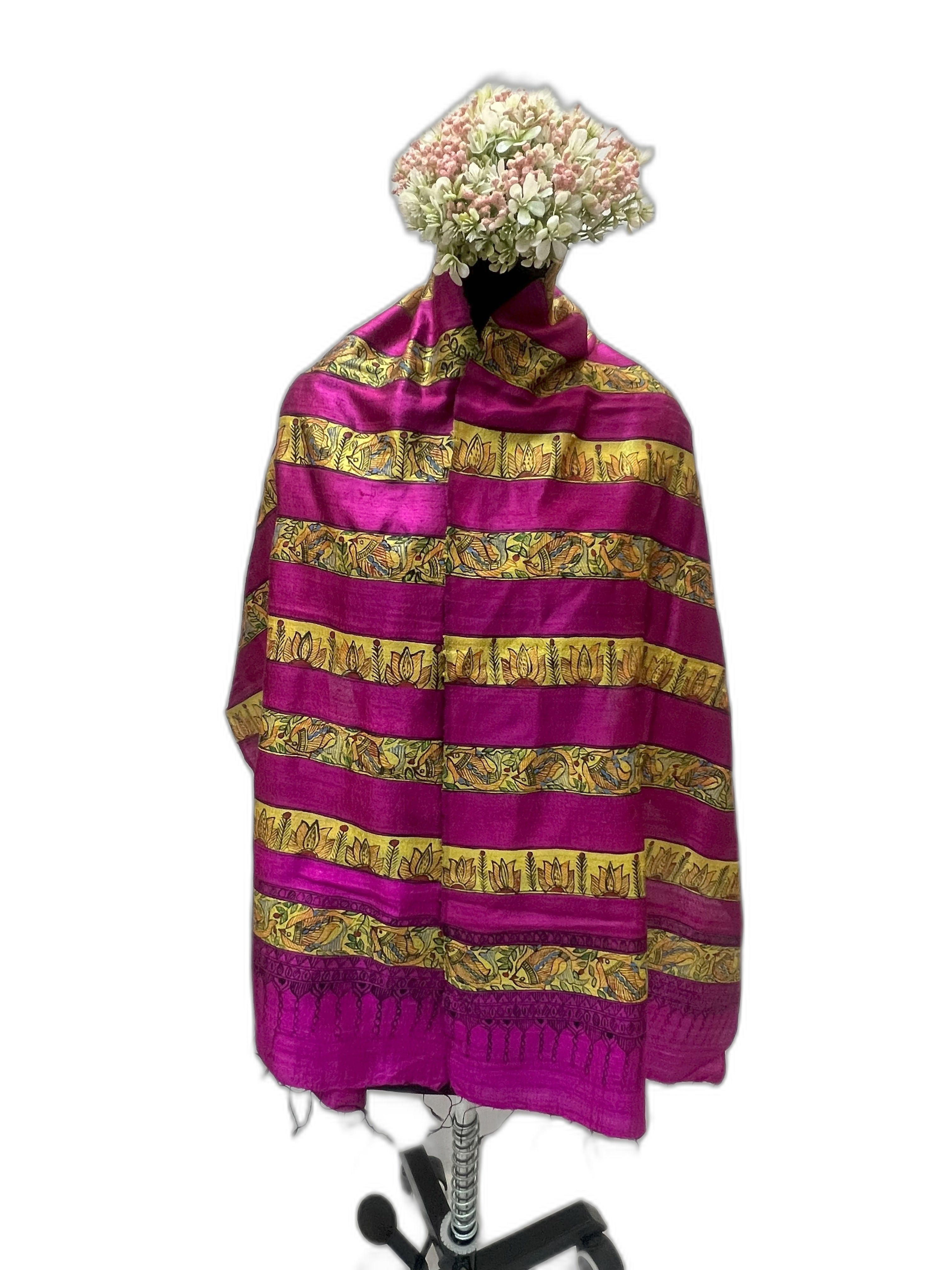 Madhubani stole with fish and lotus motif on hot pink